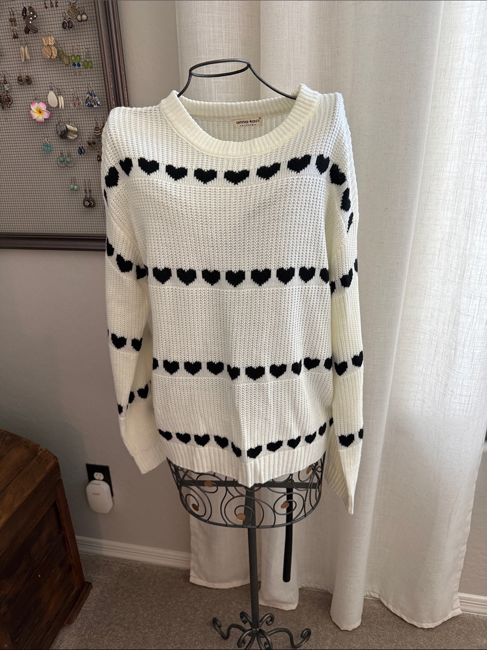 Anna Kaci Cream Crewneck Sweater with Black Heart Stripe Detail